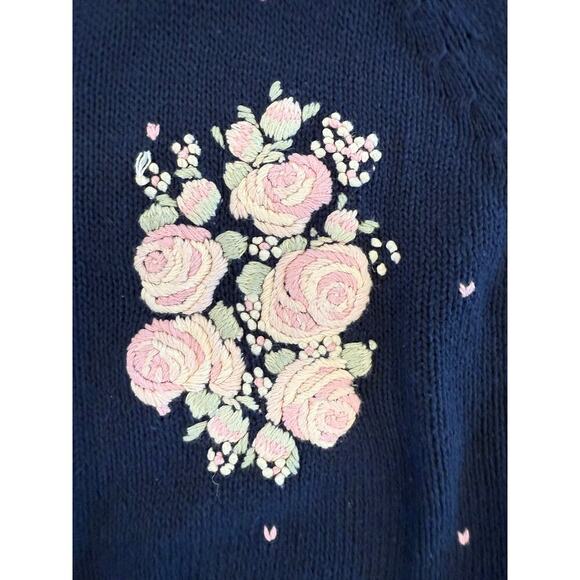 Vintage Margules Knit Sweater Cardigan FloralEmbroidered Navy Button Down L - Picture 3 of 7